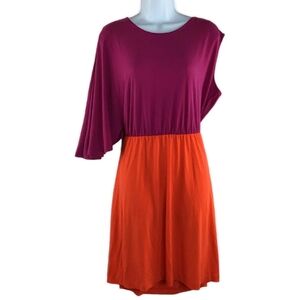 Allen B. Asymmetrical Sleeve Mini Dress, Size S, Maroon / Orange, NWT